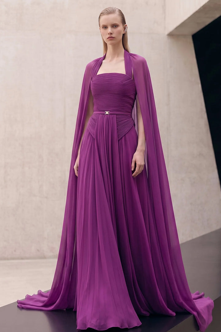 Pleated Belted Cape with A-Line Dress