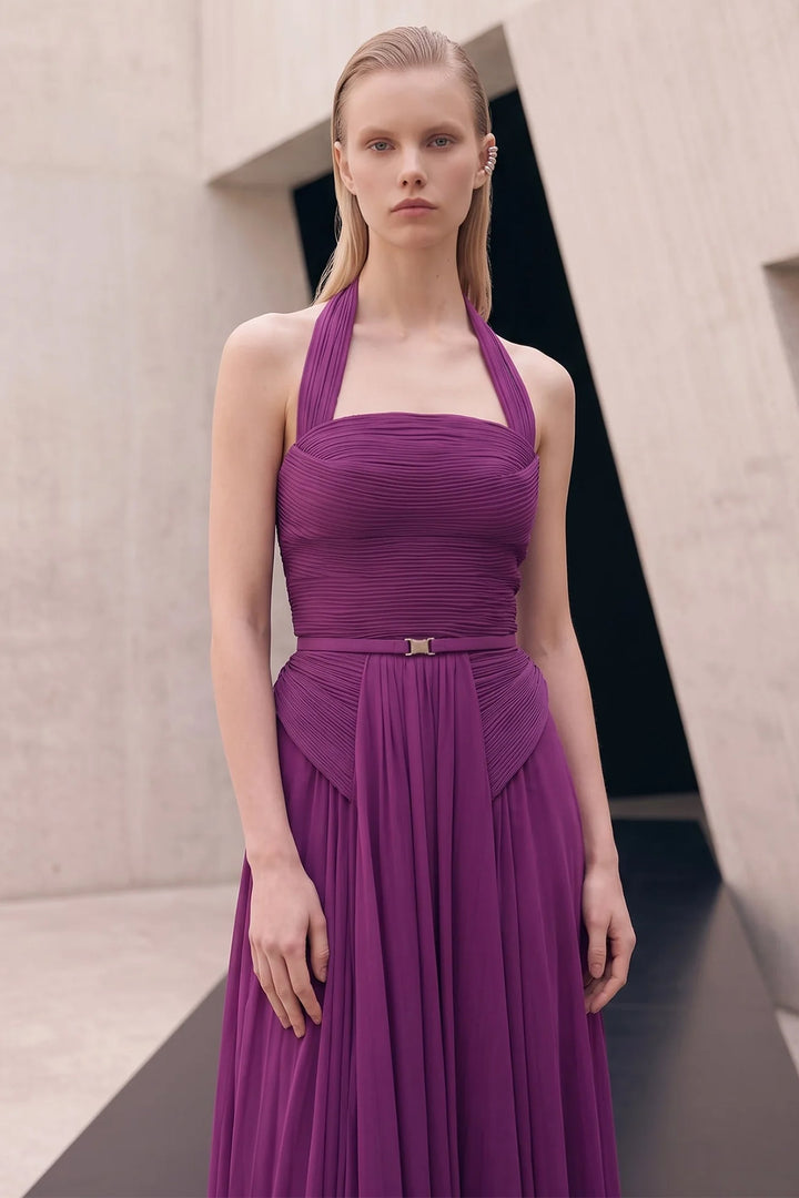 Pleated Belted Cape with A-Line Dress