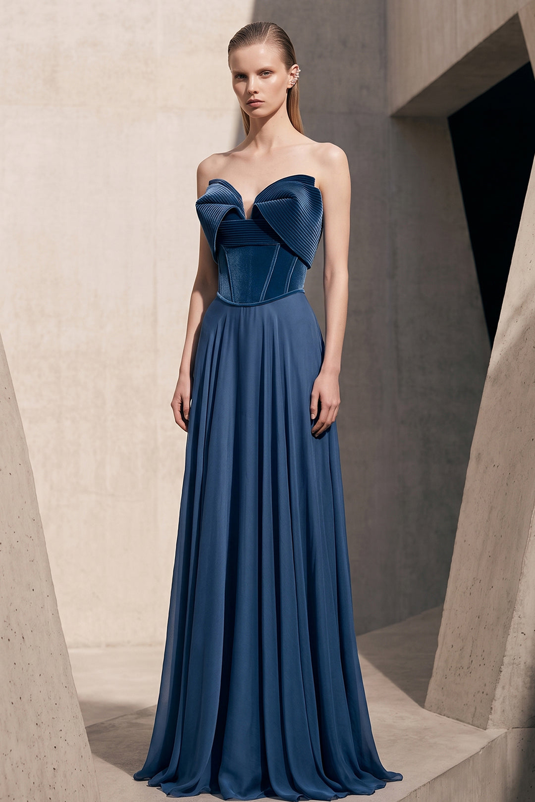 Strapless Sculptural Corset with Long Dress