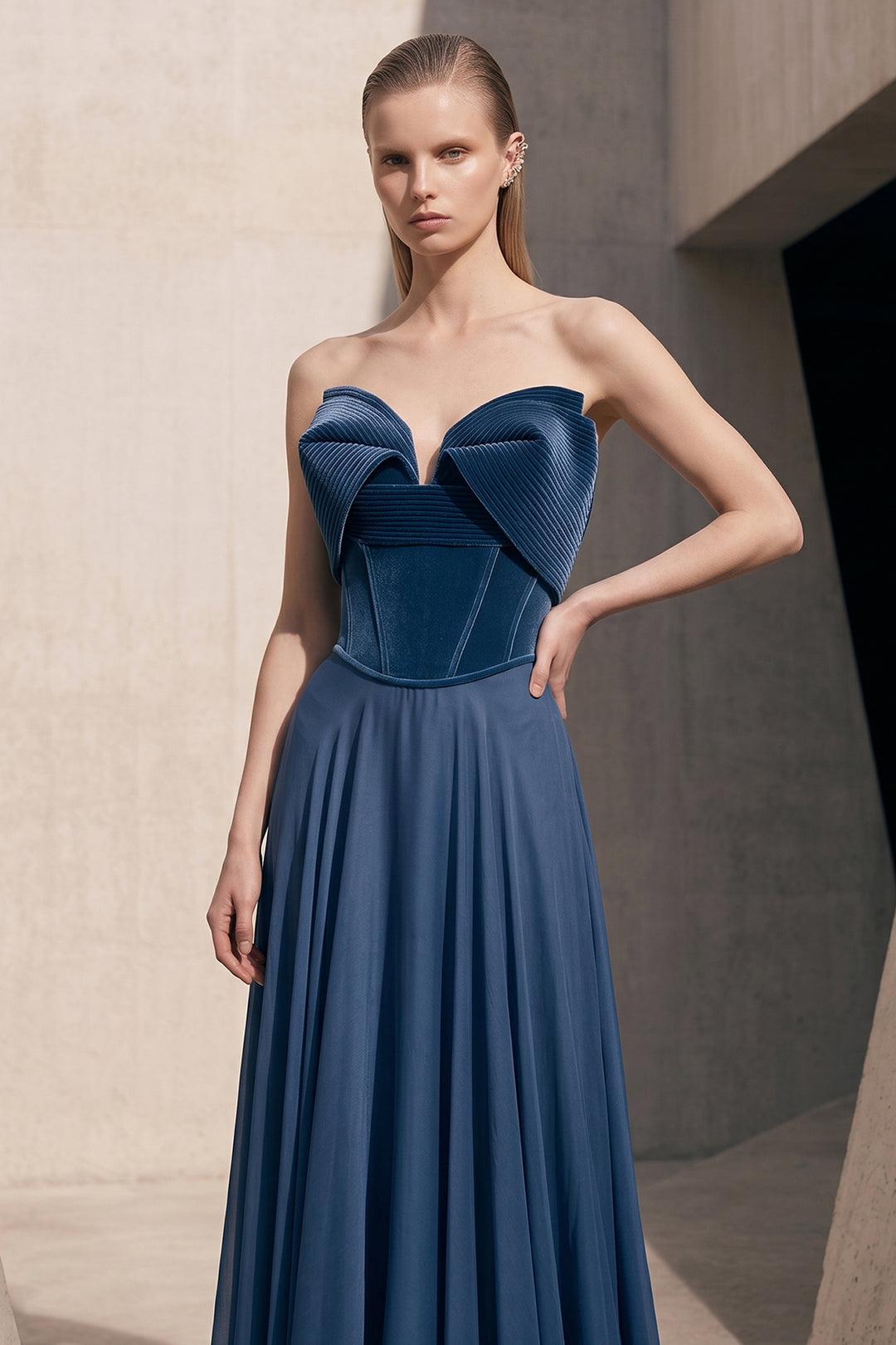 Strapless Sculptural Corset with Long Dress