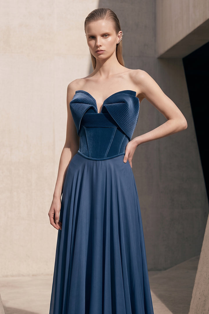 Strapless Sculptural Corset with Long Dress