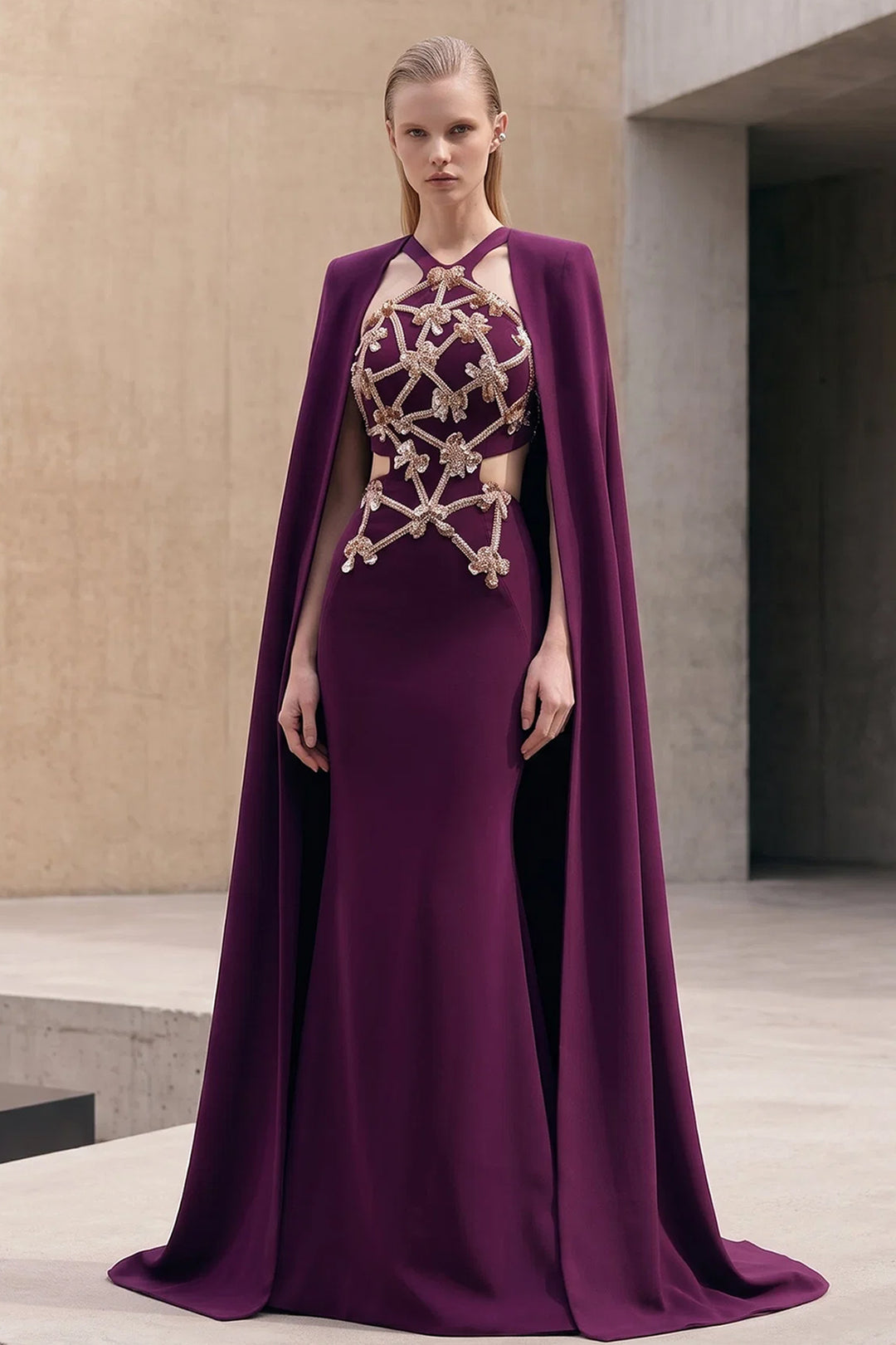 Embellished Lattice Cape with Long Dress