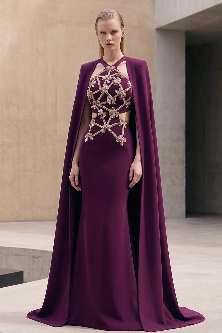 Embellished Lattice Cape with Long Dress