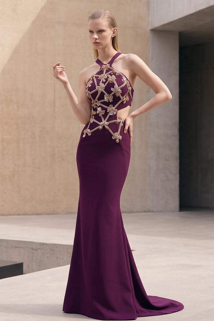 Embellished Lattice Cape with Long Dress