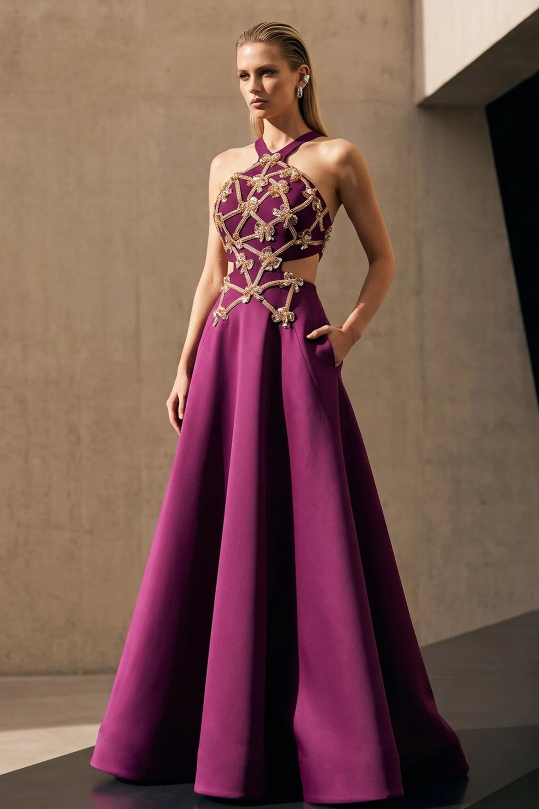 Embellished Lattice Halter with A-Line Dress