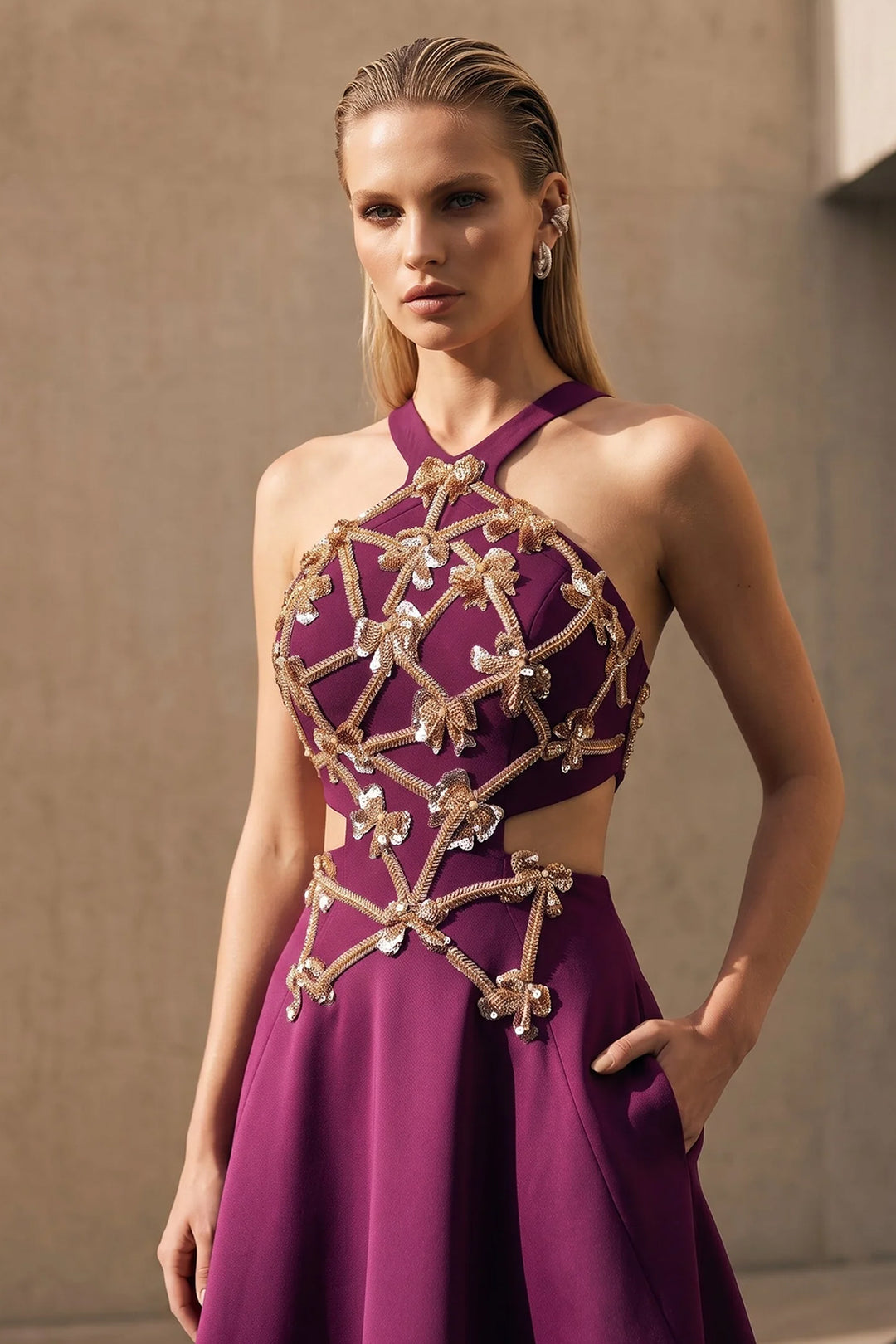 Embellished Lattice Halter with A-Line Dress