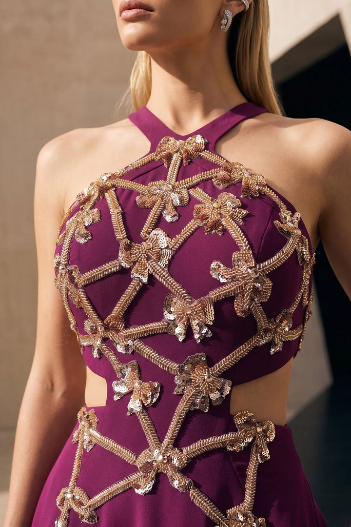 Embellished Lattice Halter with A-Line Dress