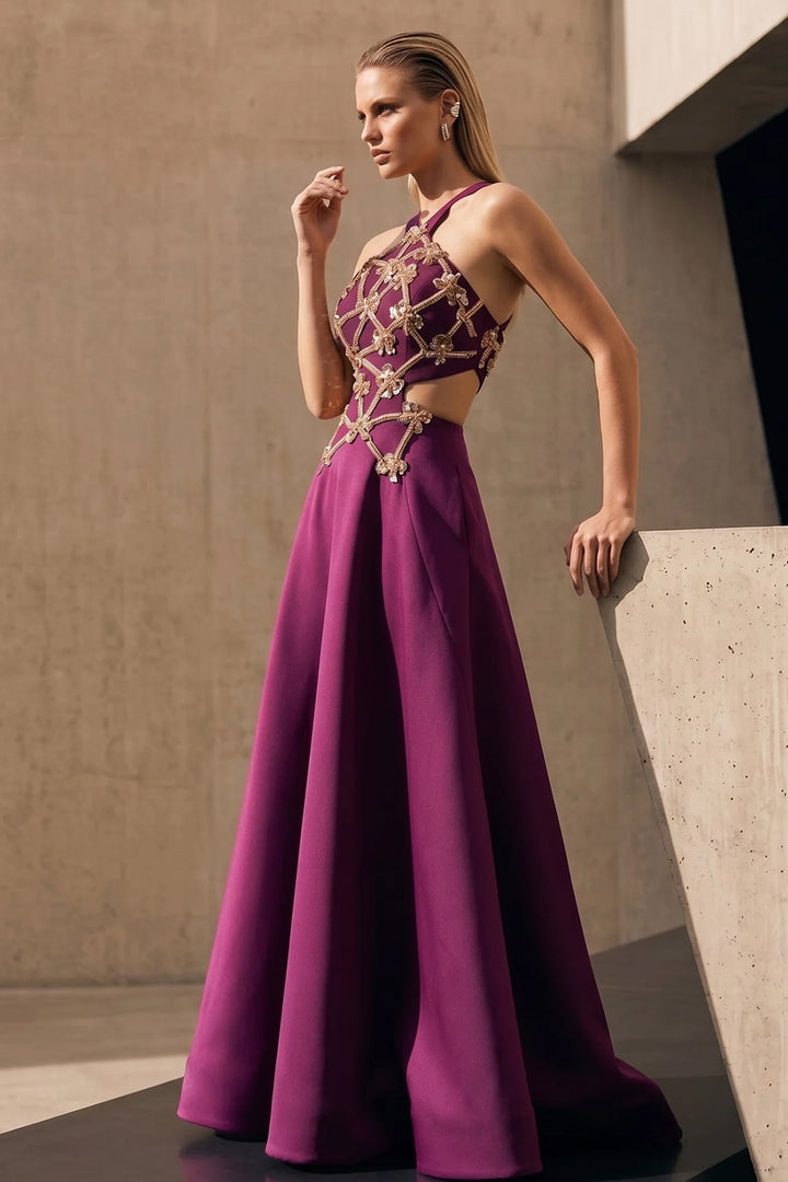 Embellished Lattice Halter with A-Line Dress