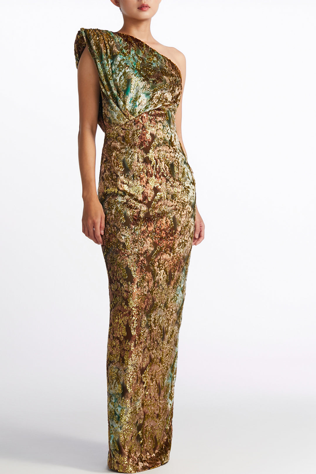 Draped One-Shoulder Burnout Velvet Column Dress