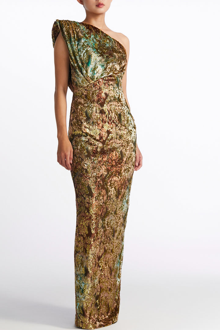 Draped One-Shoulder Burnout Velvet Column Dress