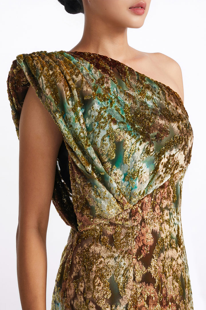Draped One-Shoulder Burnout Velvet Column Dress
