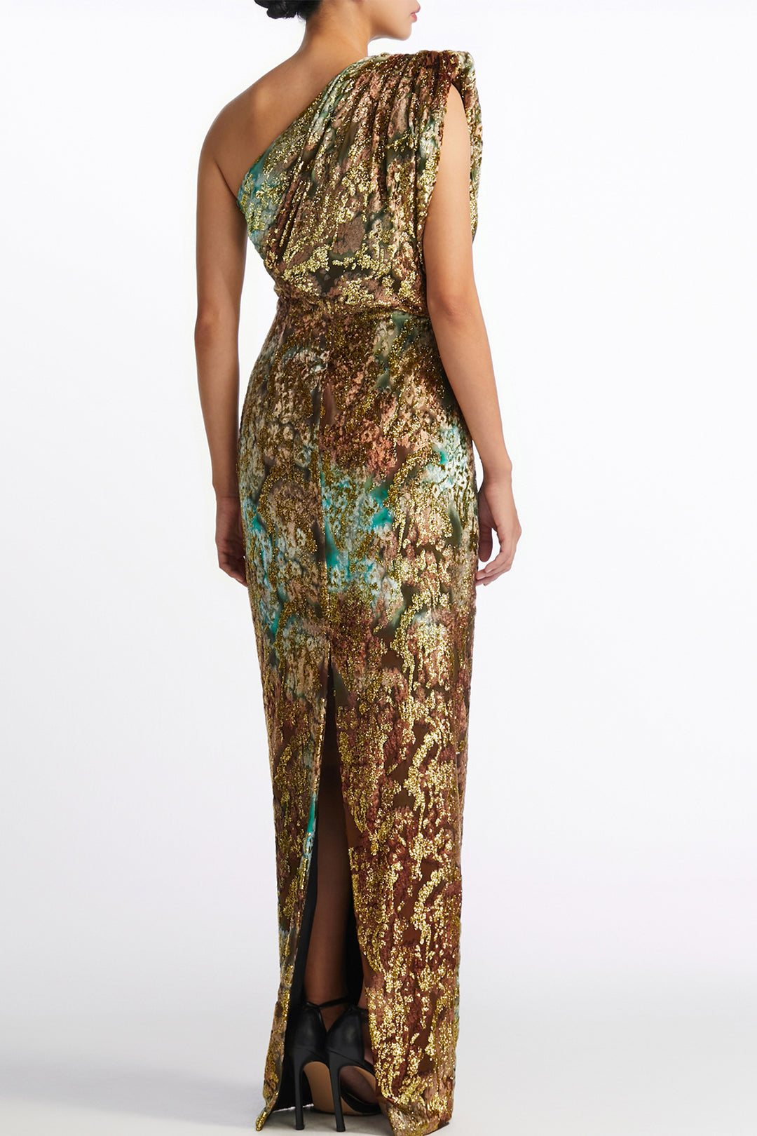 Draped One-Shoulder Burnout Velvet Column Dress