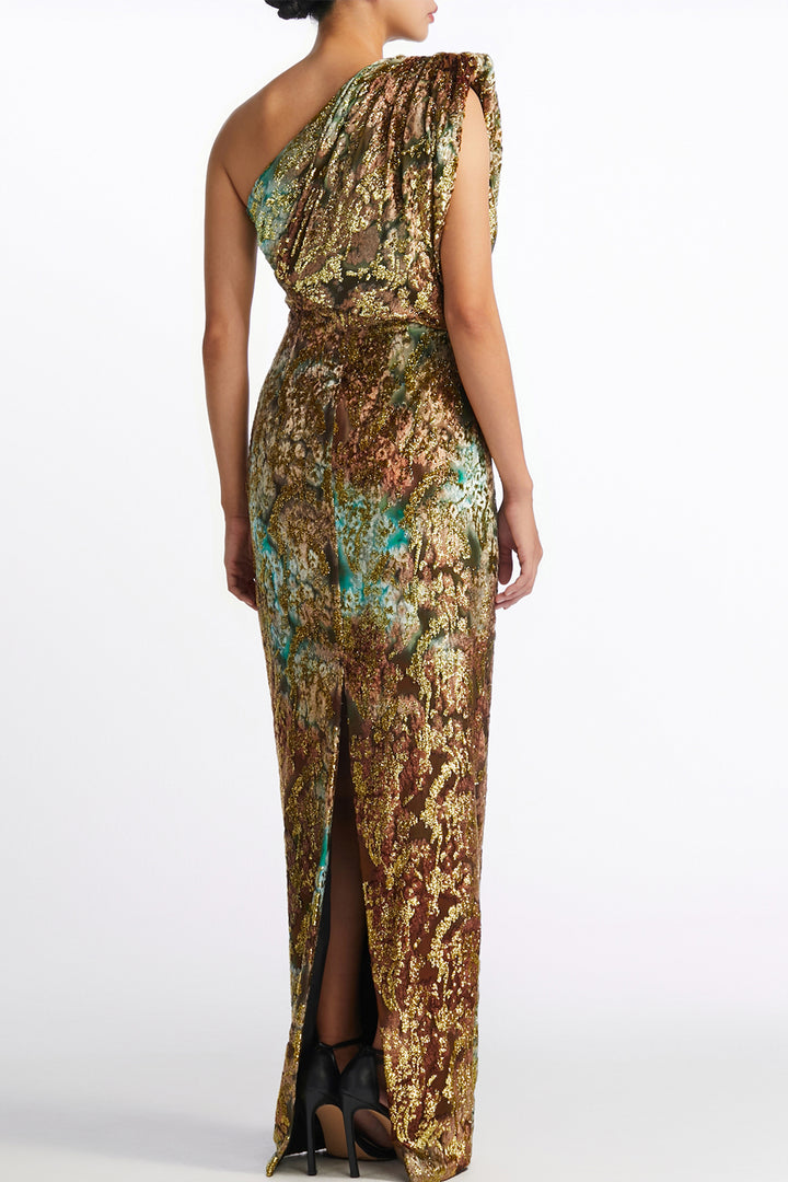 Draped One-Shoulder Burnout Velvet Column Dress