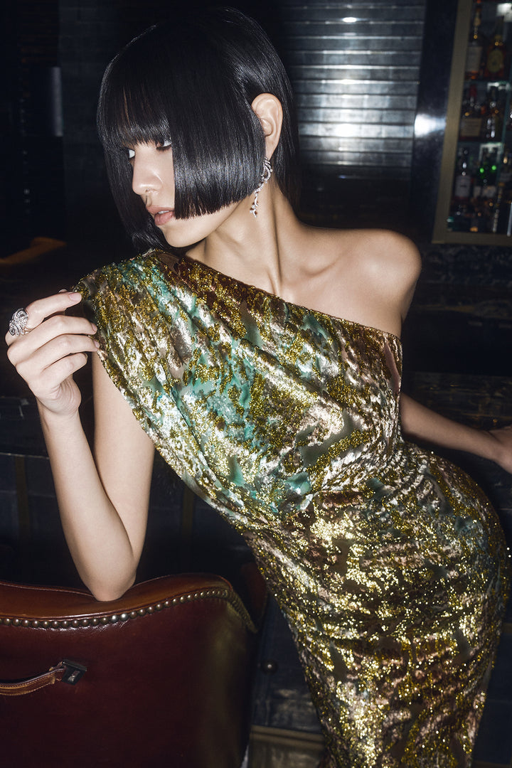 Draped One-Shoulder Burnout Velvet Column Dress