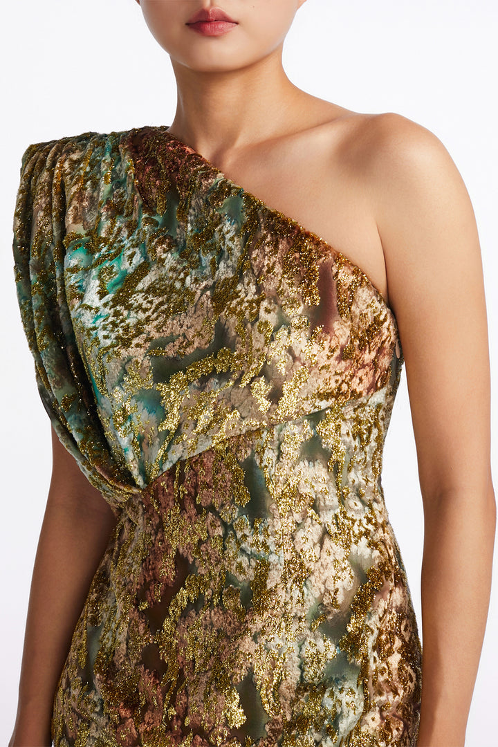 Draped One-Shoulder Burnout Velvet Column Dress