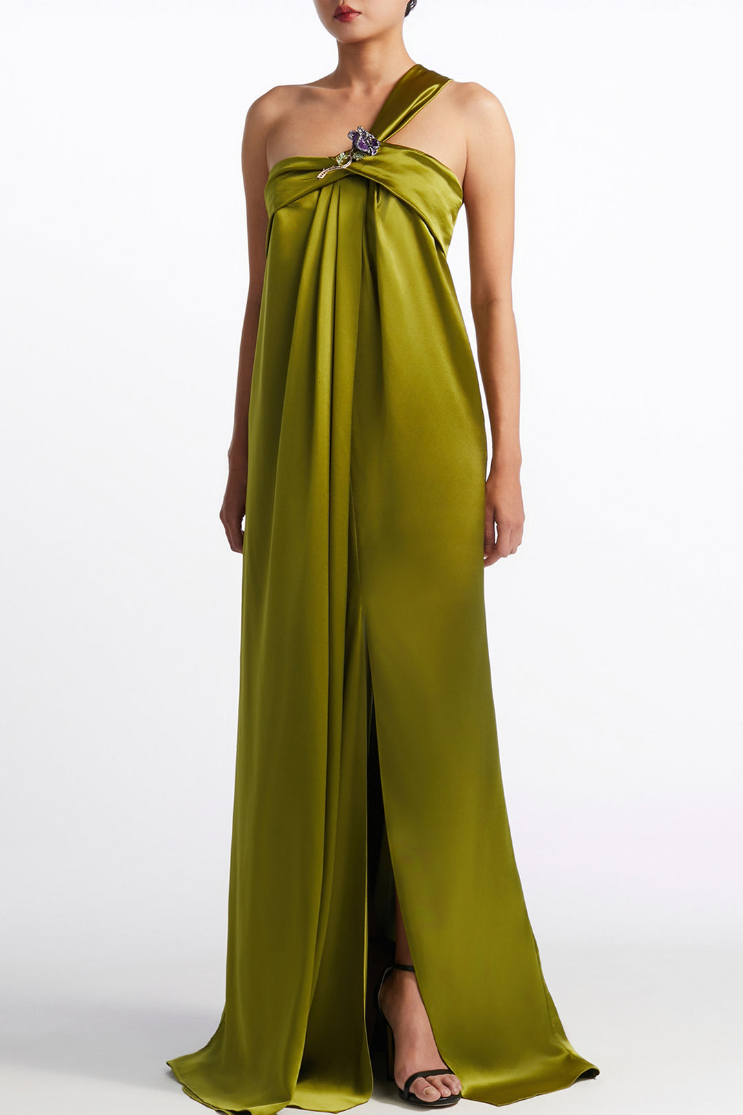 One-Shoulder Jewelled with Floral Brooch Draped Dress