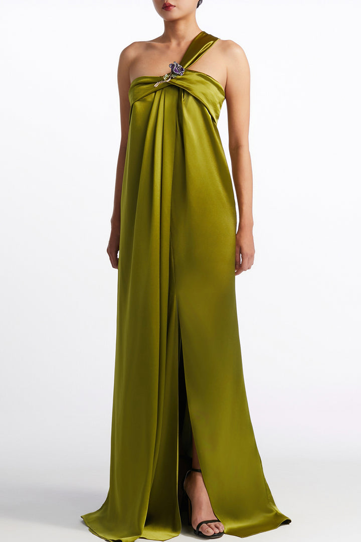 One-Shoulder Jewelled with Floral Brooch Draped Dress