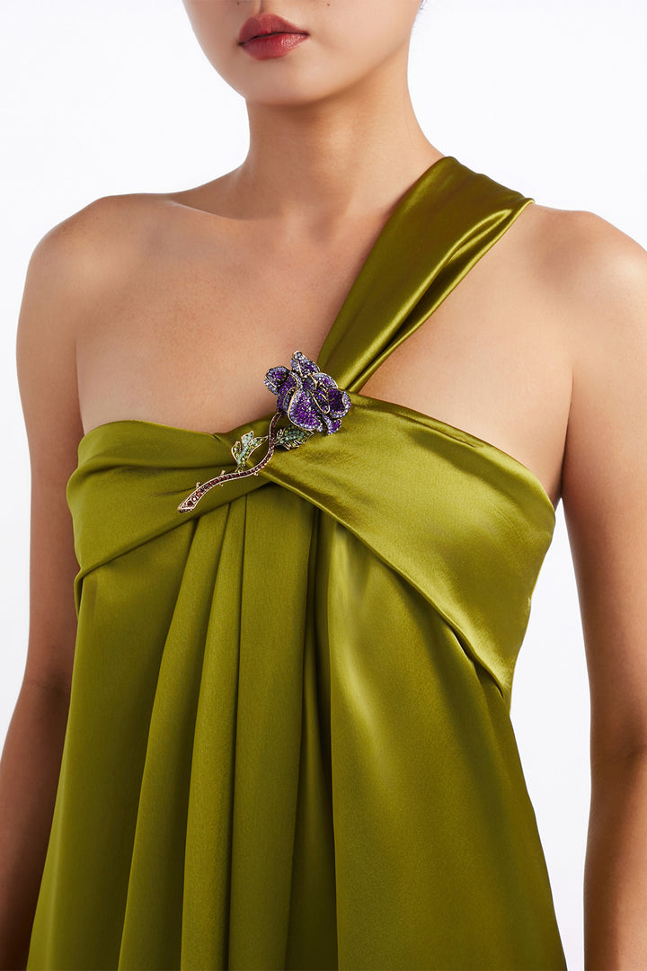 One-Shoulder Jewelled with Floral Brooch Draped Dress