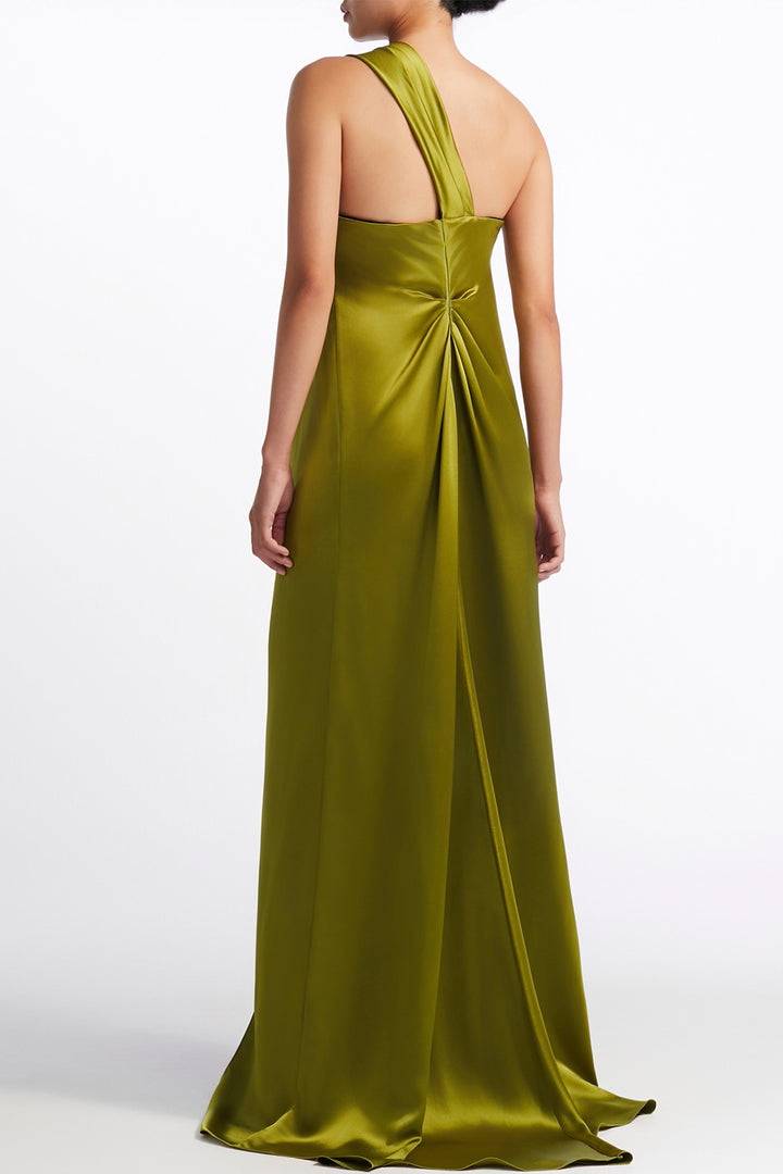 One-Shoulder Jewelled with Floral Brooch Draped Dress