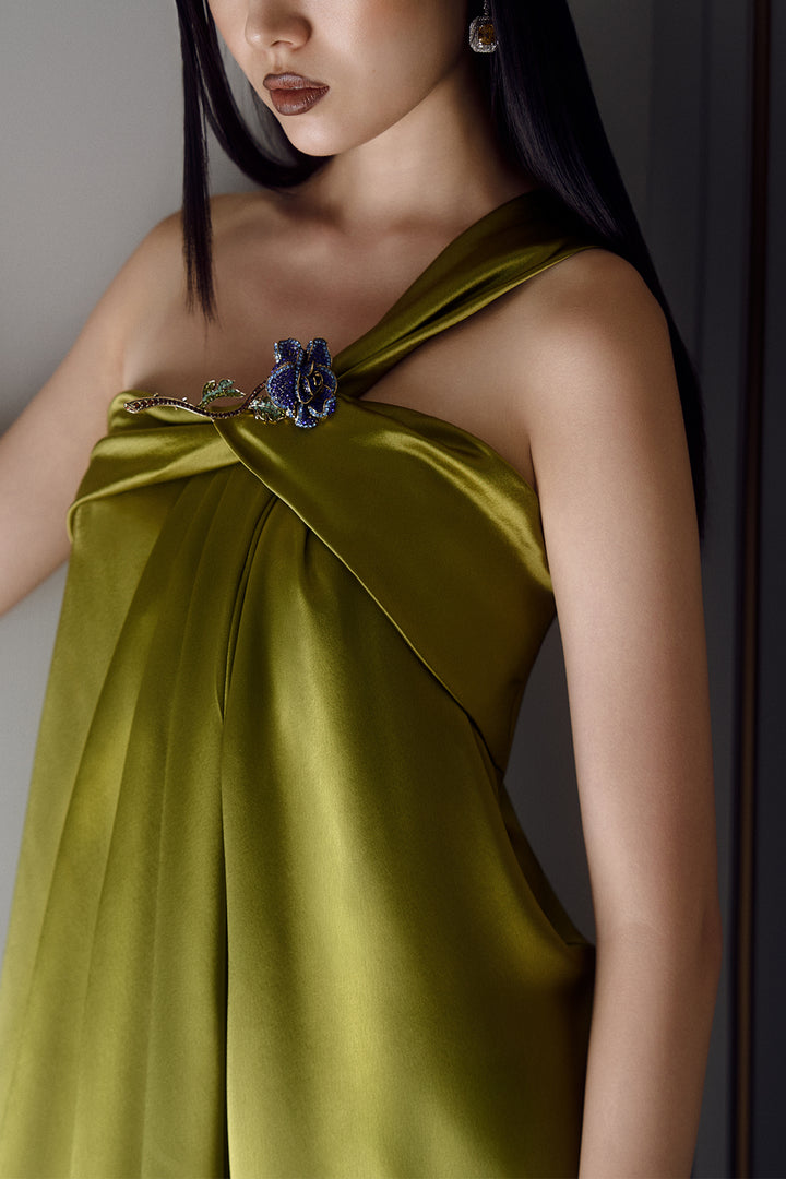 One-Shoulder Jewelled with Floral Brooch Draped Dress
