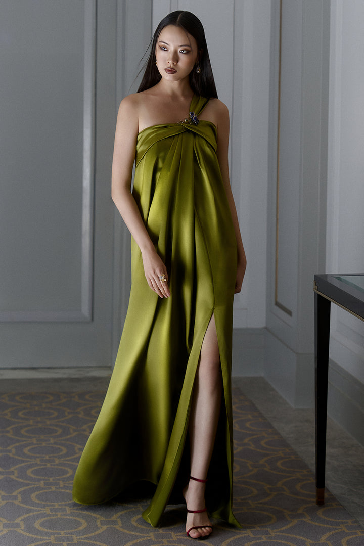 One-Shoulder Jewelled with Floral Brooch Draped Dress