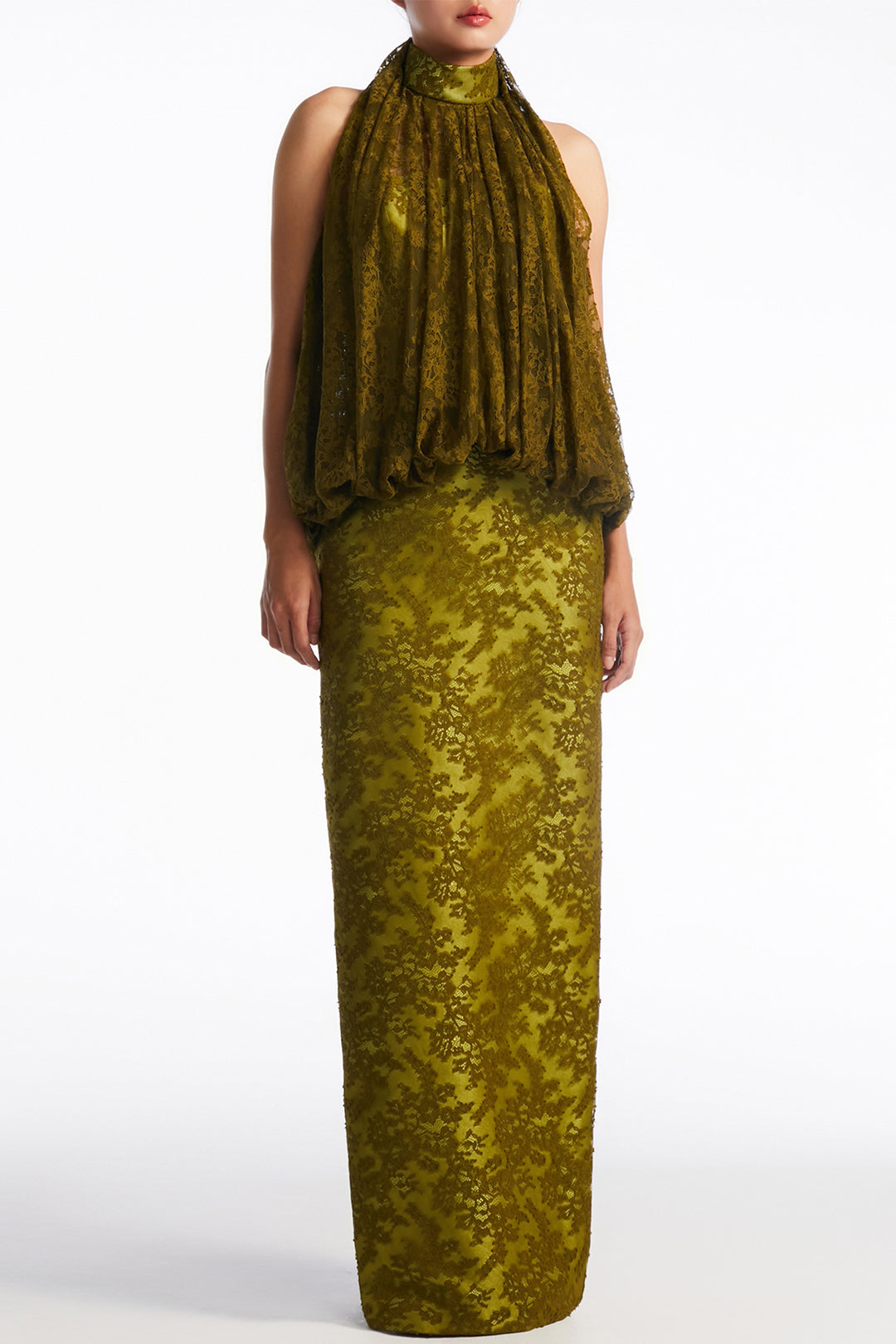 Satin-Banded Halter Blouson Column Dress