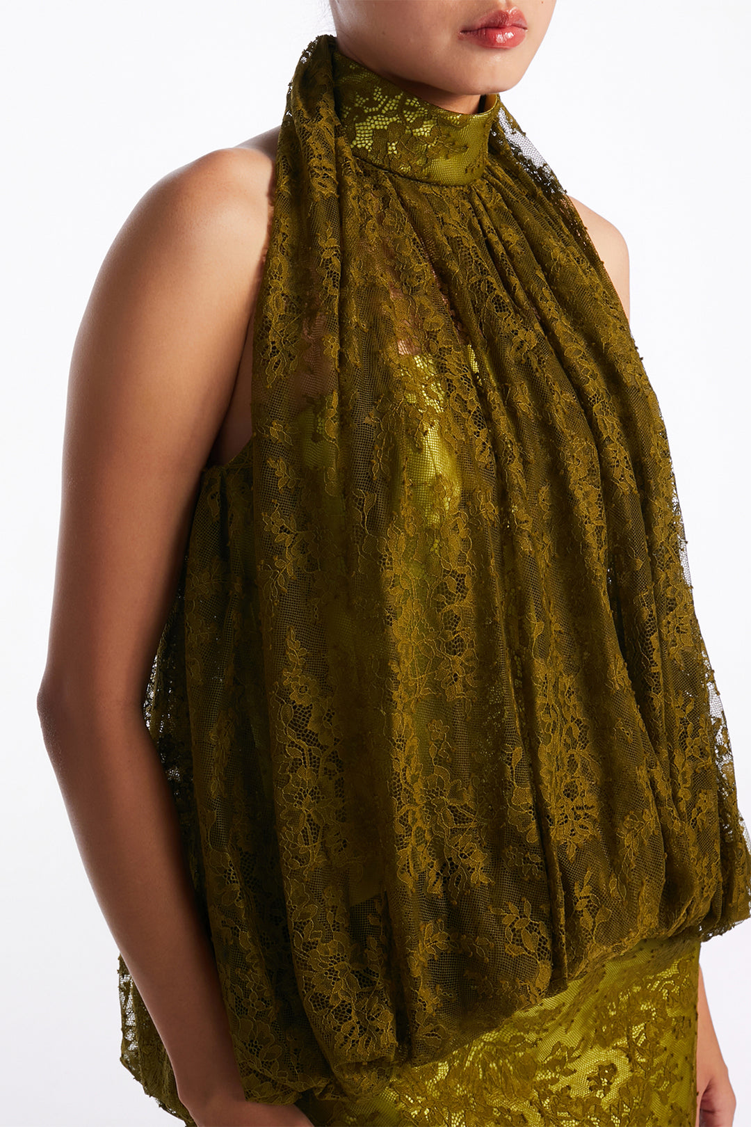Satin-Banded Halter Blouson Column Dress
