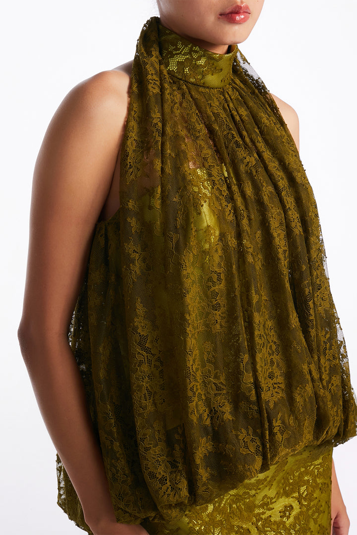 Satin-Banded Halter Blouson Column Dress