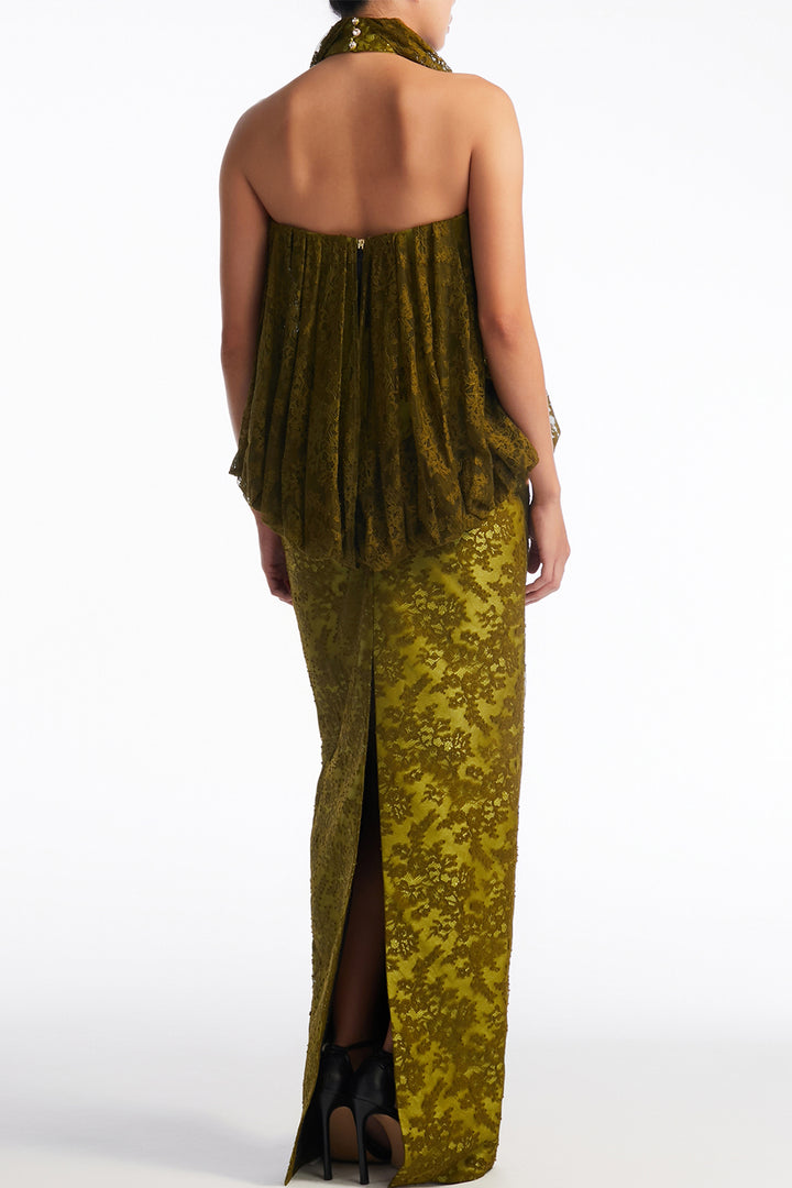 Satin-Banded Halter Blouson Column Dress