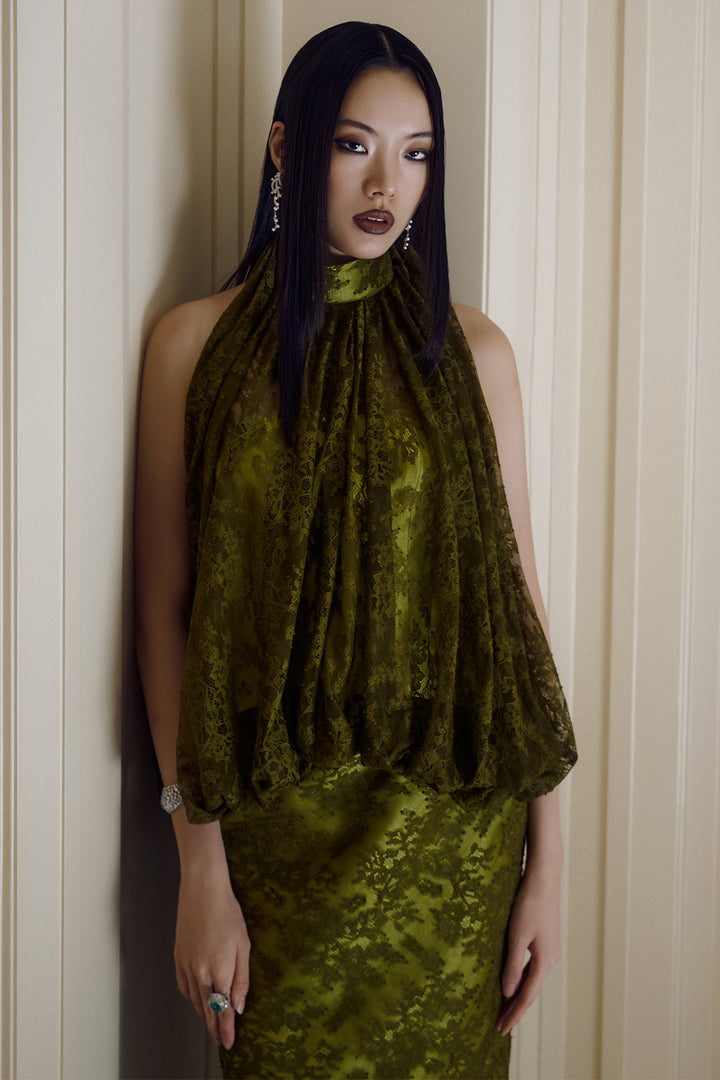Satin-Banded Halter Blouson Column Dress