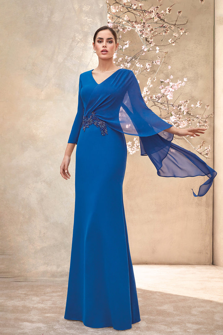 Mermaid Crepe Dress with V-Neck and Jeweled Appliqué