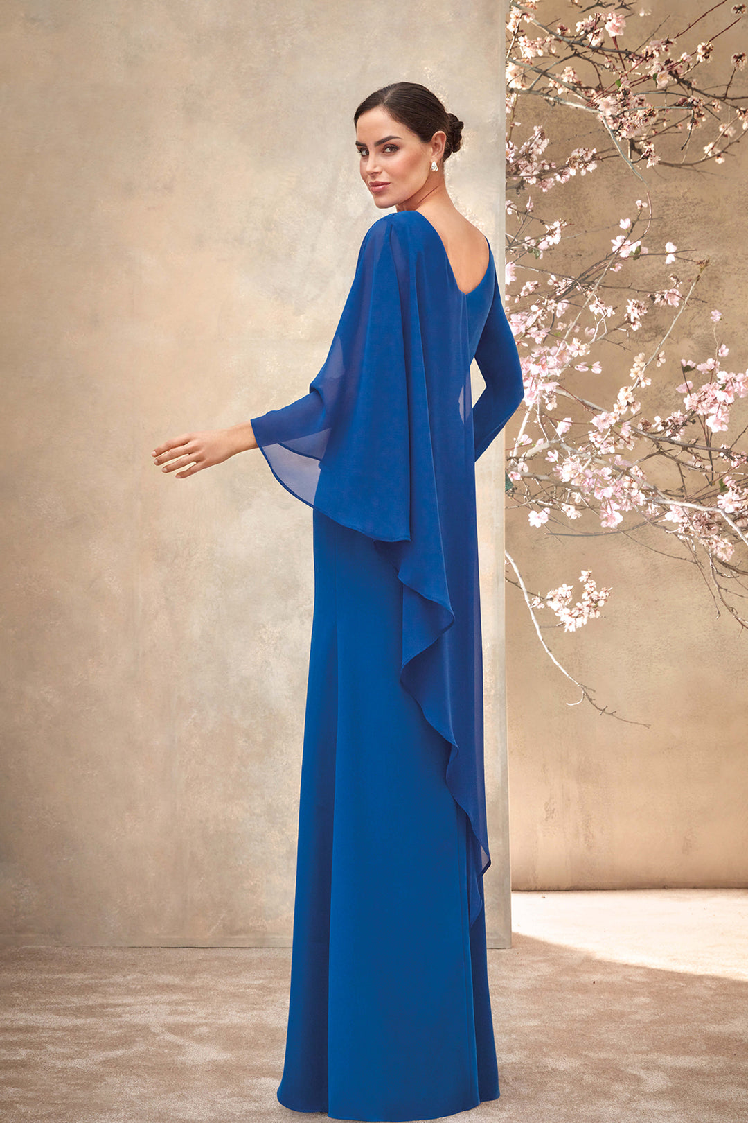 Mermaid Crepe Dress with V-Neck and Jeweled Appliqué