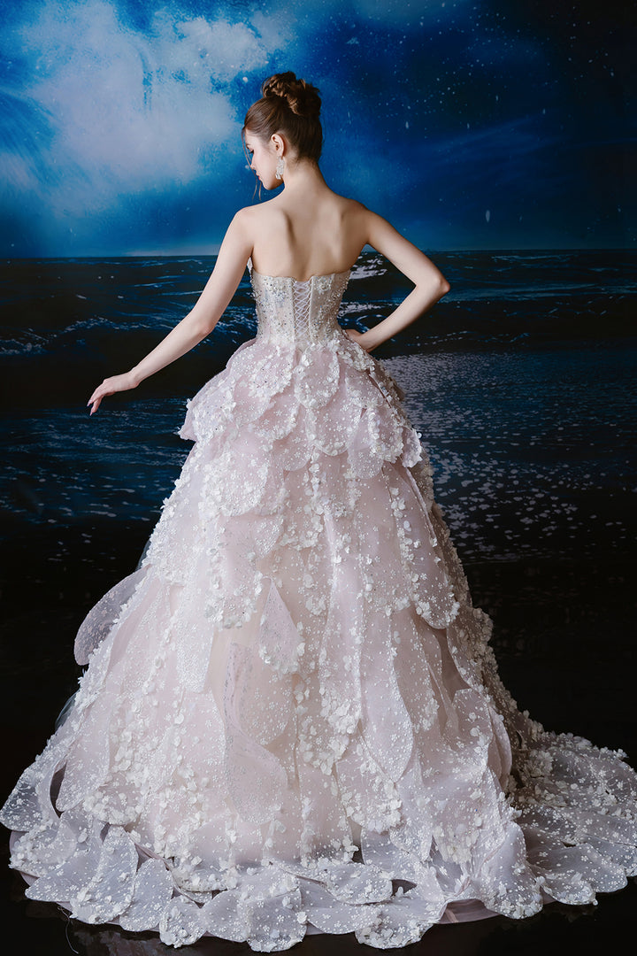 A-Line Dress with Floral Appliqué and Layered Tulle Skirt