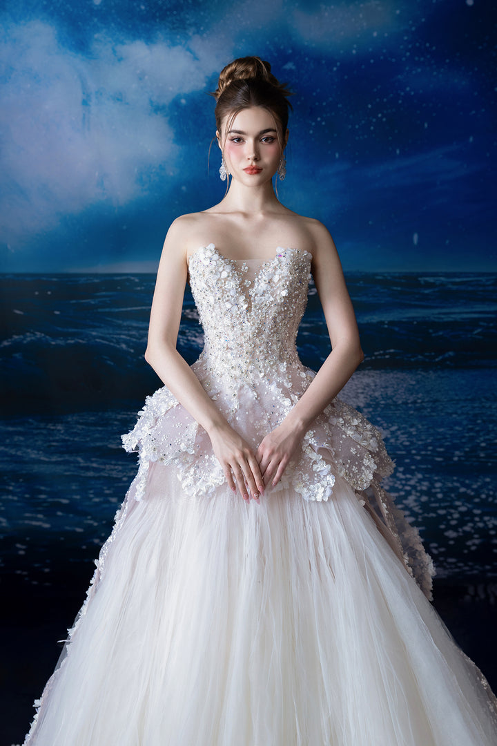 A-Line Dress with Floral Appliqué and Layered Tulle Skirt