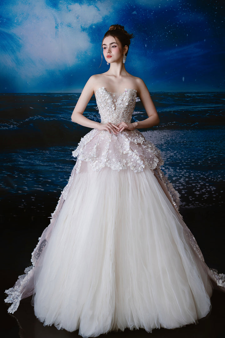 A-Line Dress with Floral Appliqué and Layered Tulle Skirt