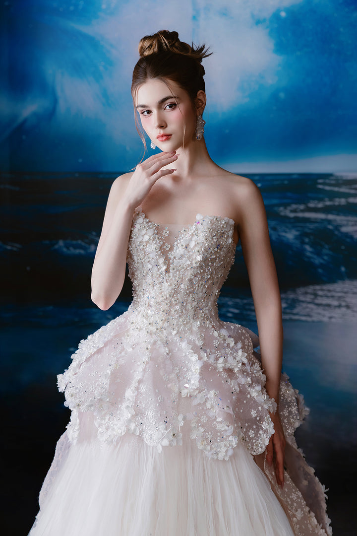 A-Line Dress with Floral Appliqué and Layered Tulle Skirt