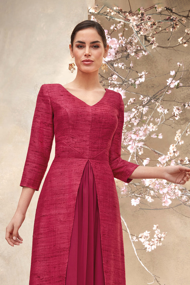 Merch Silk and Chiffon Dress with V-Neck and Front Slit