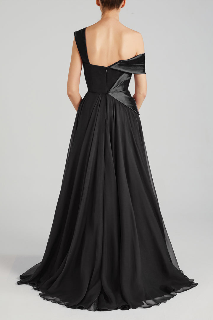 Off-The-Shoulder Taffeta Dress with Train