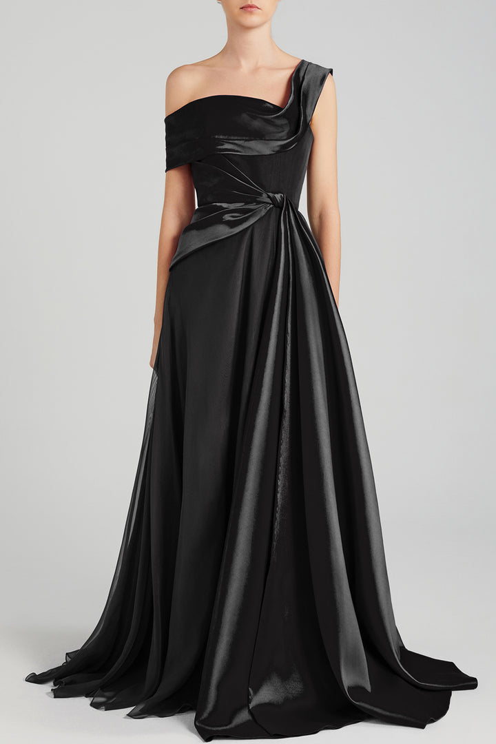 Off-The-Shoulder Taffeta Dress with Train