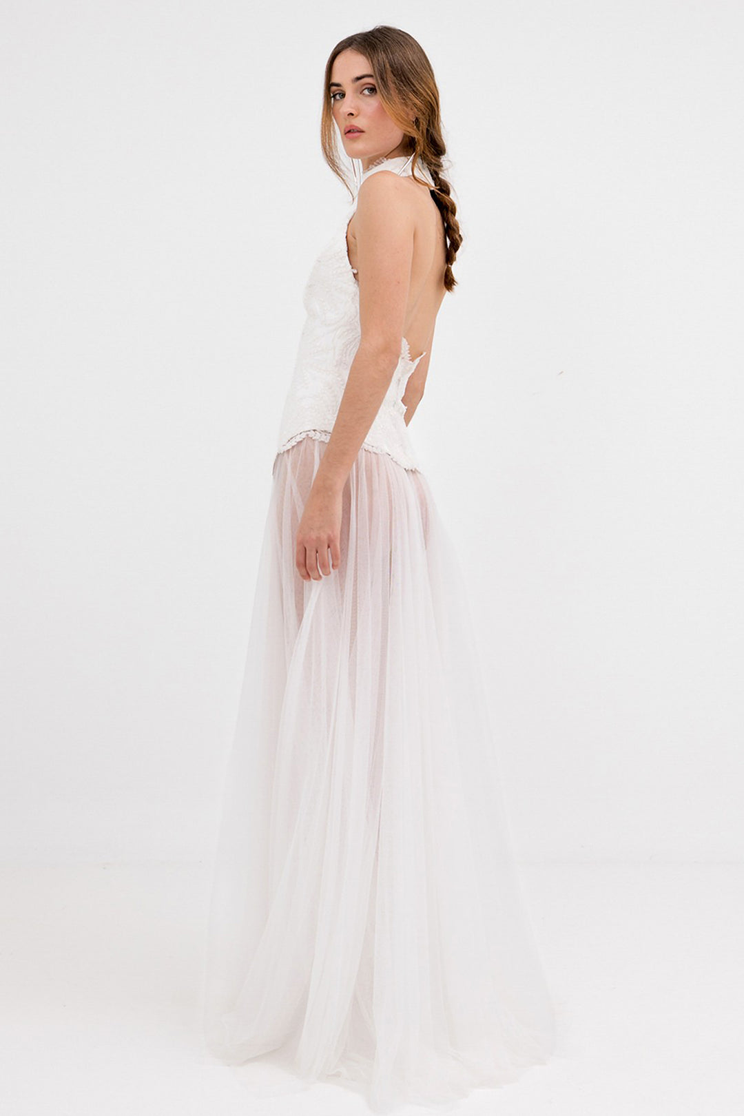Halter Neck Lace and Tulle Long Dress