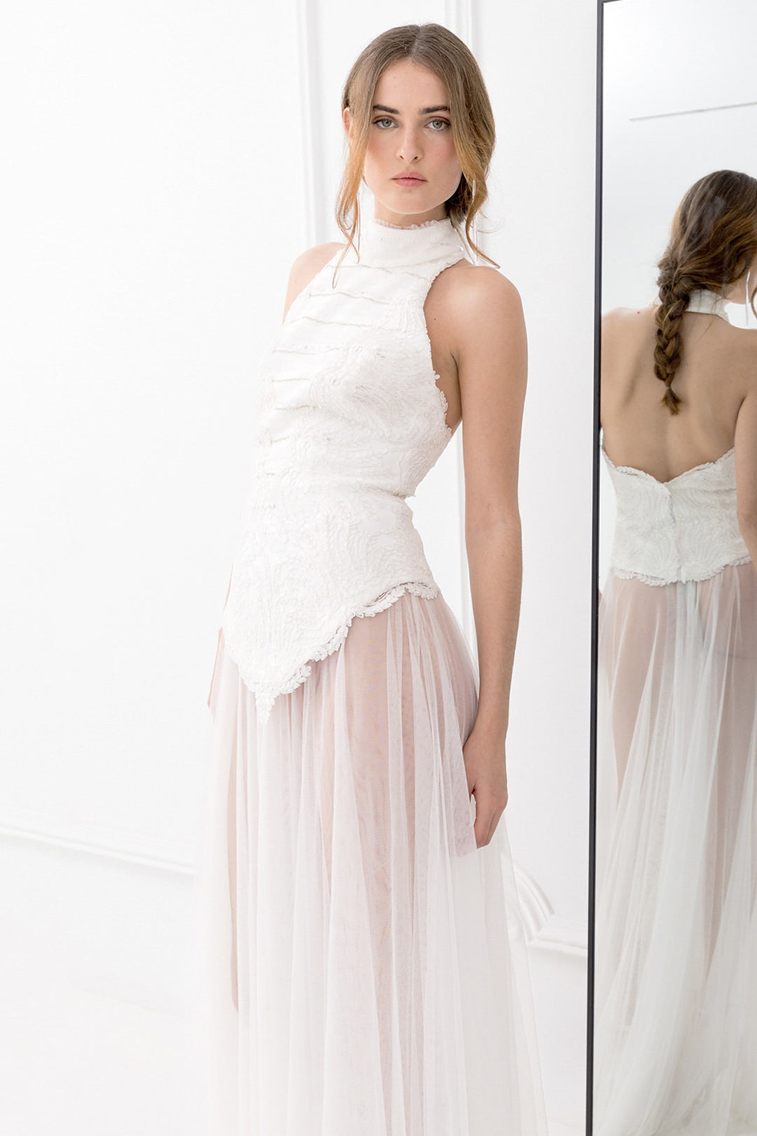 Halter Neck Lace and Tulle Long Dress