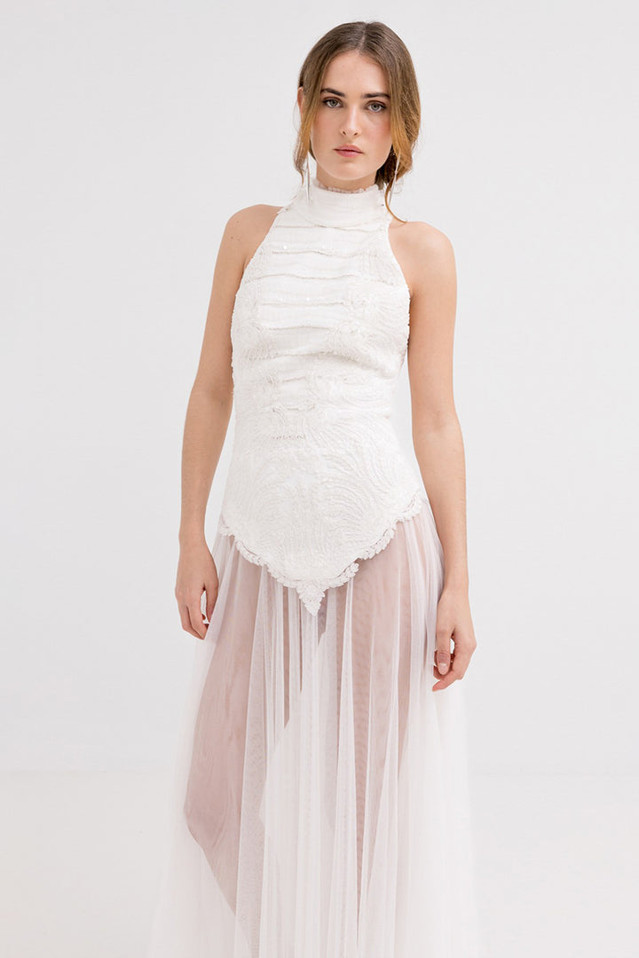 Halter Neck Lace and Tulle Long Dress