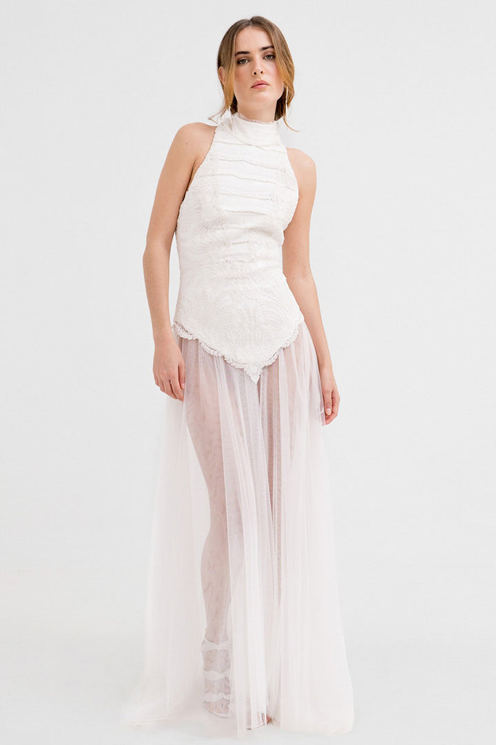 Halter Neck Lace and Tulle Long Dress