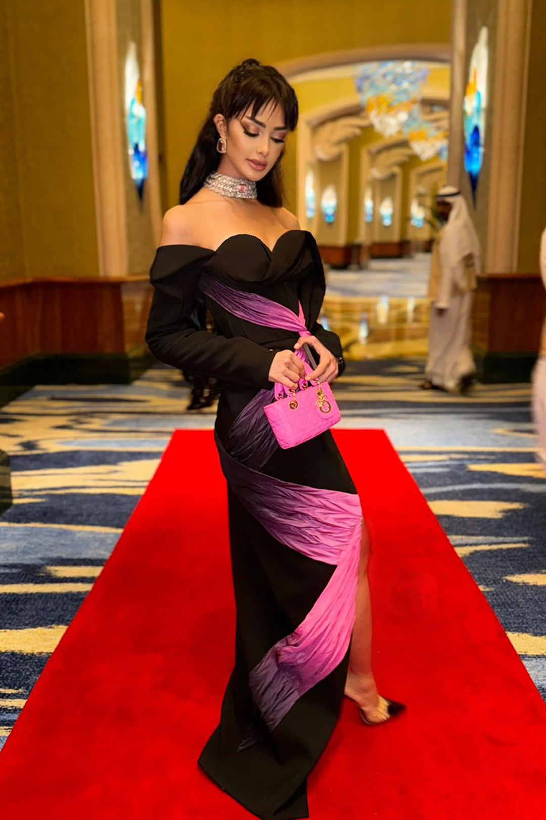 Crepe Dress with Draped Sleeves and Slit