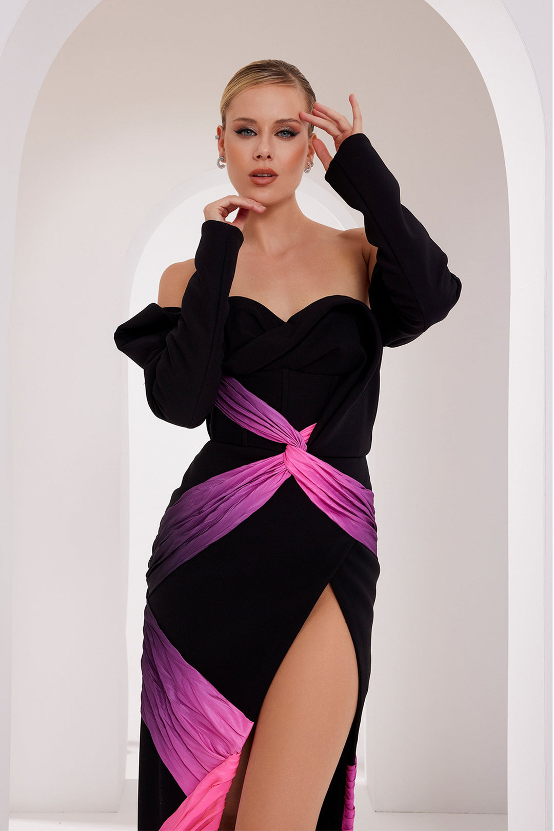 Crepe Dress with Draped Sleeves and Slit