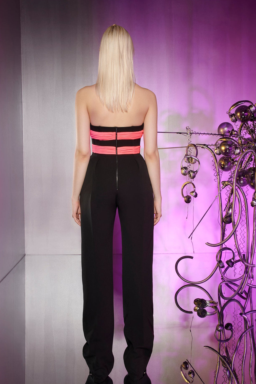 Geometric Draped Strapless Jumpsuit with Cape