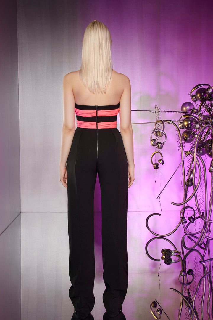 Geometric Draped Strapless Jumpsuit with Cape