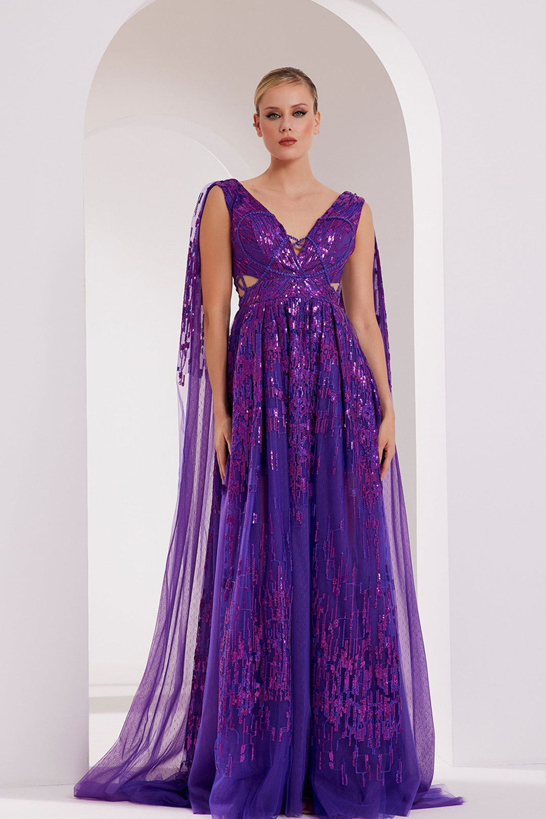 Embroidered V-Neck Tulle Dress