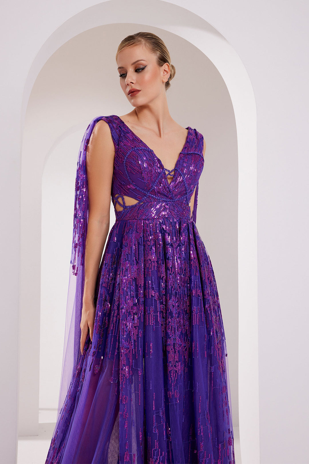 Embroidered V-Neck Tulle Dress