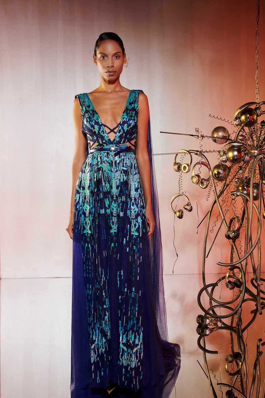 Embroidered V-Neck Tulle Dress